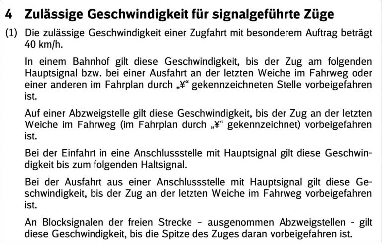 Zulässige Geschwindigkeit für signalgeführte Züge System