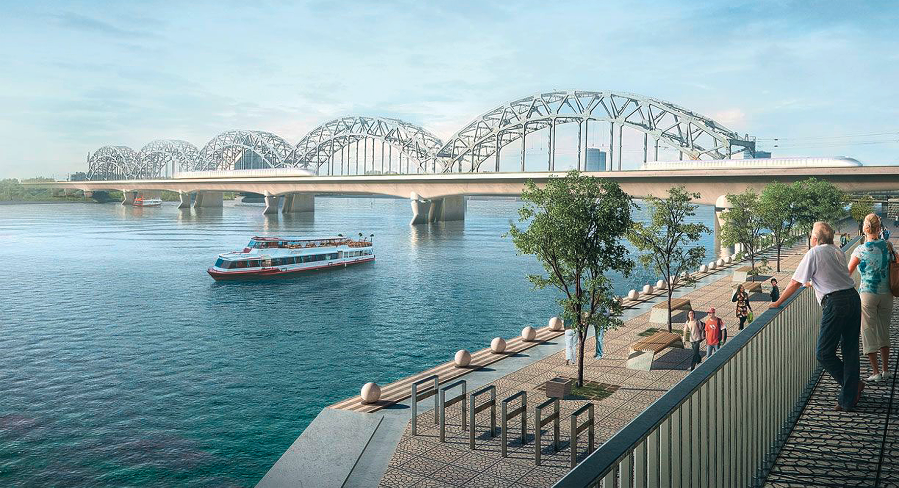 Computeranimation einer neuen Bahnbrücke über den Fluss Daugava in Riga