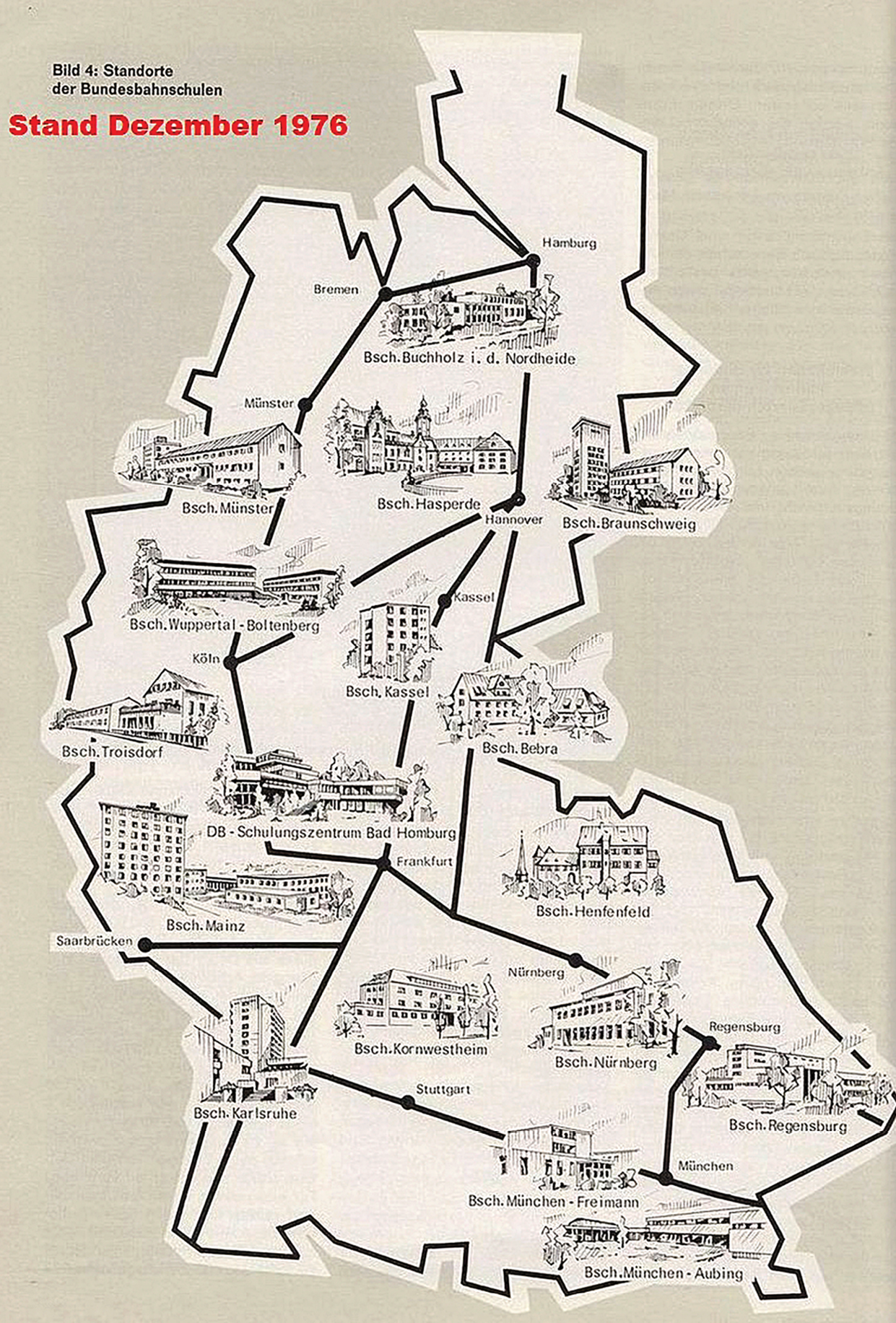 Abbildung 1: Standorte der Bahnschulen in Westdeutschland, an denen ein großer Teil der Laufbahnausbildung für Bundesbahnbeamte stattfand (Stand: 1976)